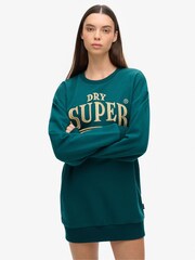 Superdry Green Luxe Metallic Logo 100% Cotton Sweat Dress - Image 1 of 3