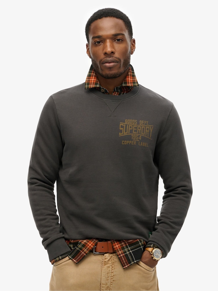Superdry Black Copper 100% Cotton Label Workwear Chest Crew Sweatshirt - Image 2 of 7