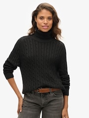 Superdry Black Slouchy 100% Cotton Cable Roll Neck Jumper - Image 1 of 6