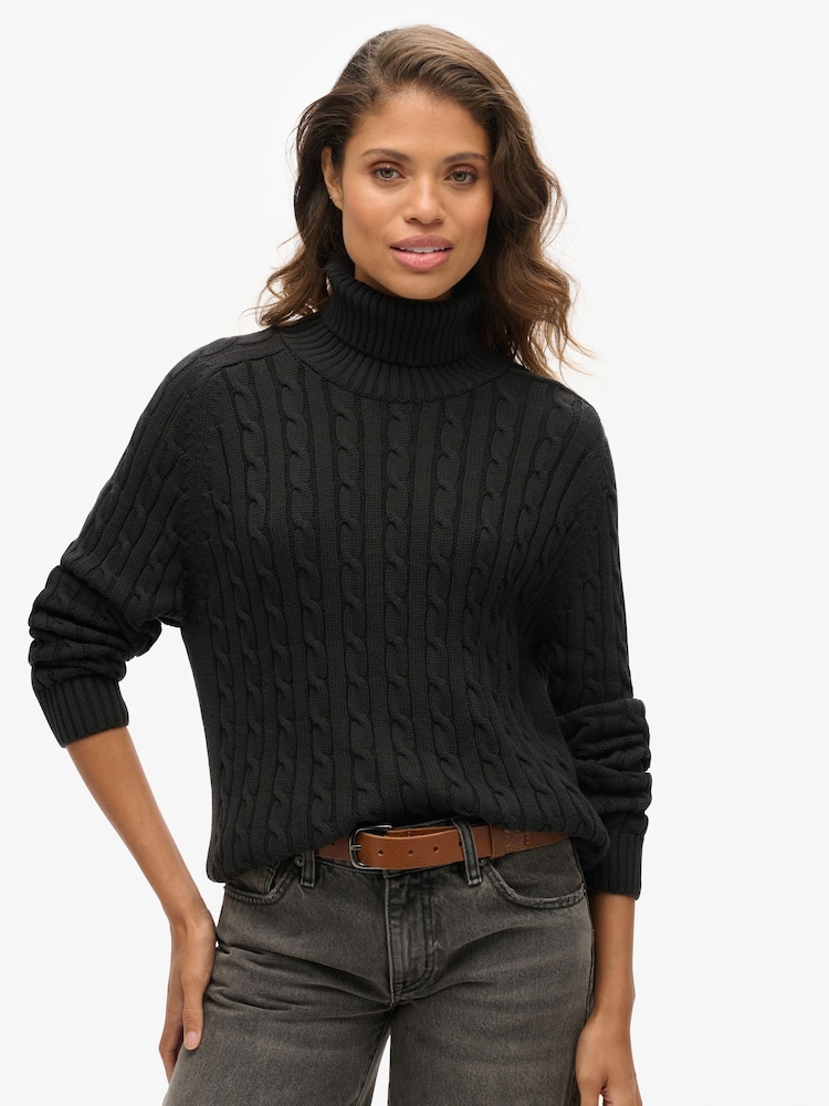 Superdry Black Slouchy 100% Cotton Cable Roll Neck Jumper - Image 1 of 6