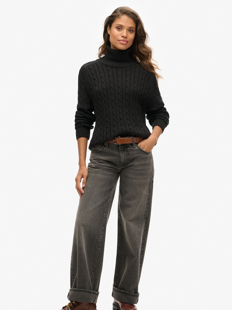 Superdry Black Slouchy 100% Cotton Cable Roll Neck Jumper - Image 2 of 6
