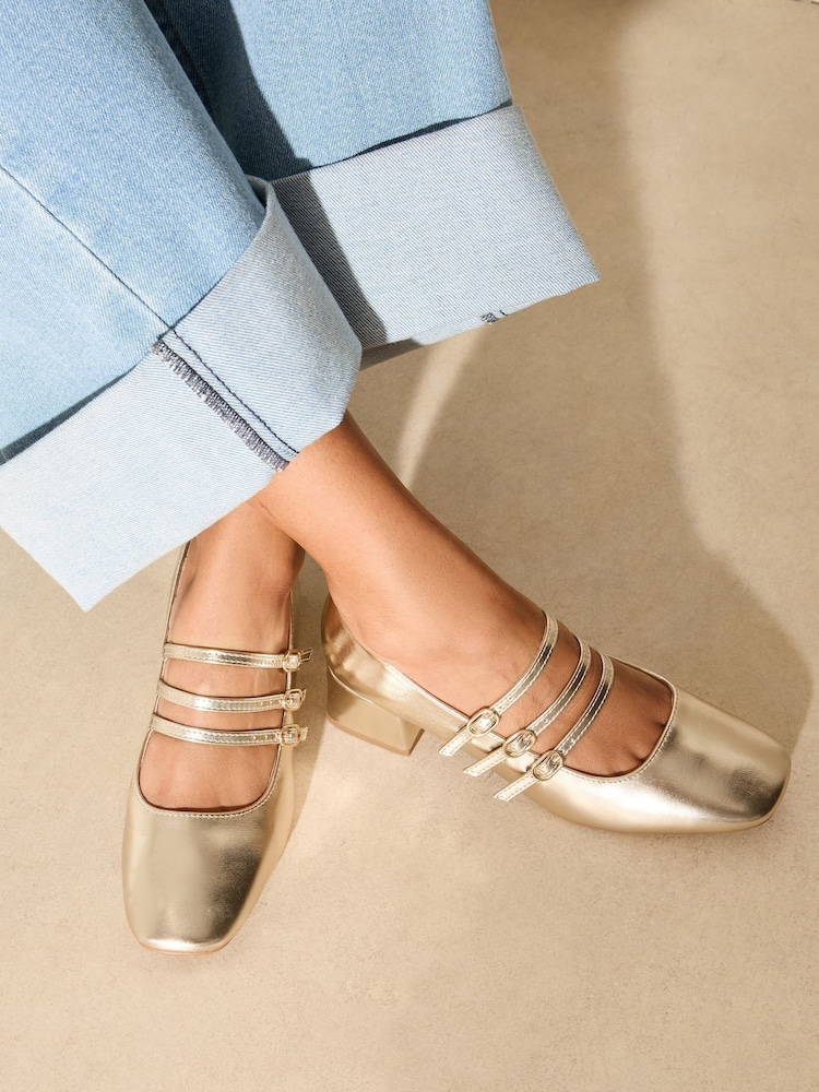 Friends Like These Gold Low Block Heel Triple Strap Maryjane Court Shoes - Image 1 of 5