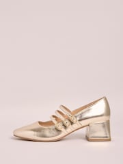 Friends Like These Gold Low Block Heel Triple Strap Maryjane Court Shoes - Image 5 of 5