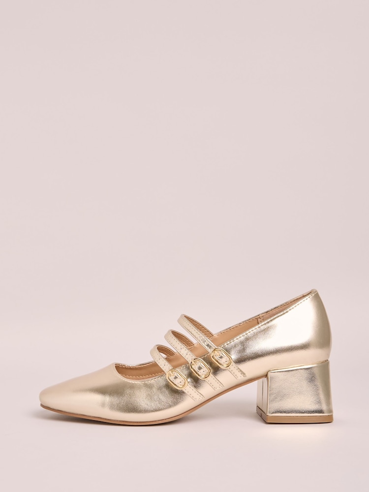 Friends Like These Gold Low Block Heel Triple Strap Maryjane Court Shoes - Image 5 of 5