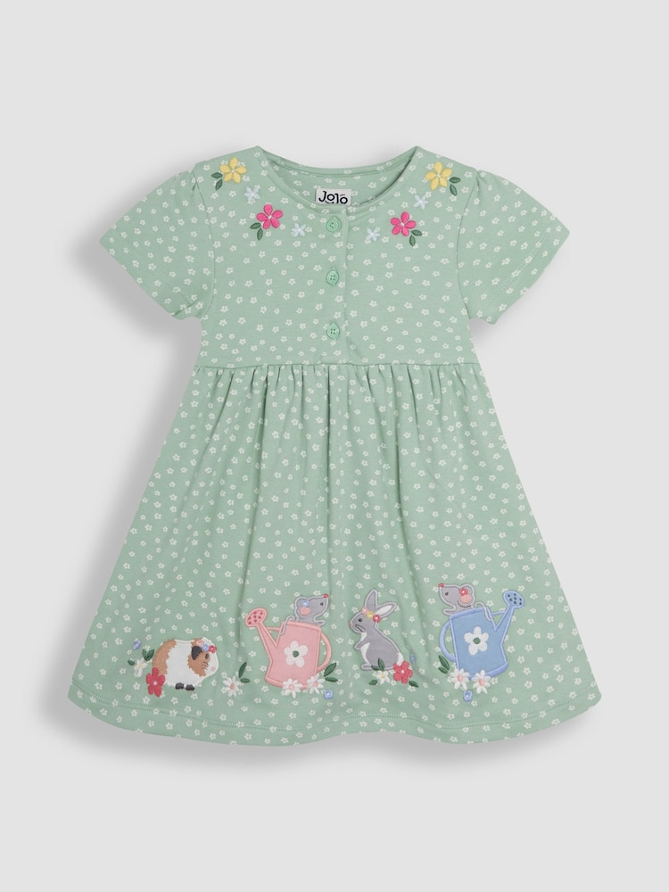 JoJo Maman Bébé Green Guinea Pig & Friends Appliqué Button Front Dress - Image 1 of 2 JoJo Maman Bébé Green Guinea Pig & Friends Appliqué Button Front Dress - Image 1 of 2