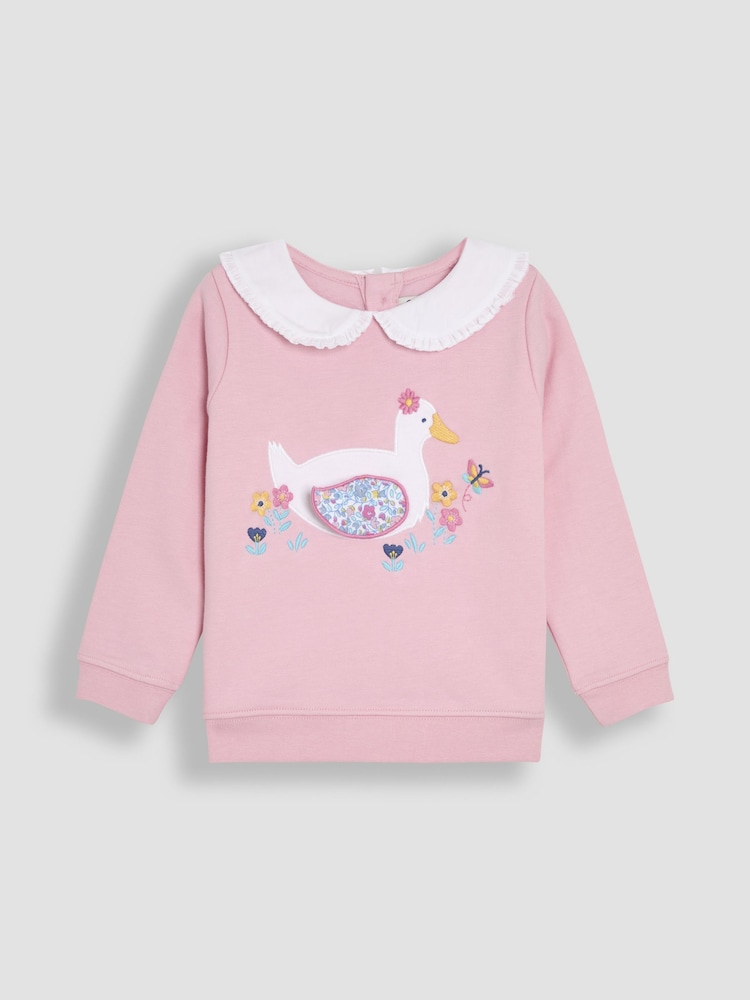 JoJo Maman Bébé Pink Duck Frill Collar Appliqué 100% Cotton Sweatshirt - Image 1 of 4