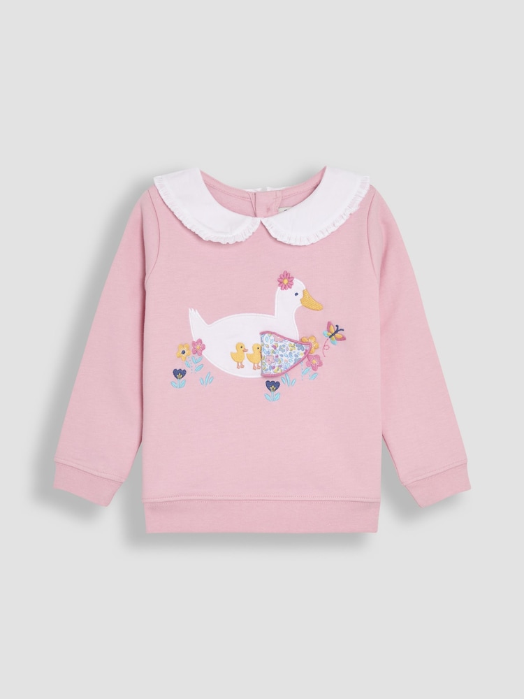 JoJo Maman Bébé Pink Duck Frill Collar Appliqué 100% Cotton Sweatshirt - Image 2 of 4