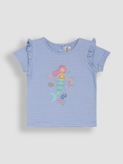 JoJo Maman Bébé Blue Mermaid Appliqué Frill Shoulder T-Shirt - Image 1 of 3