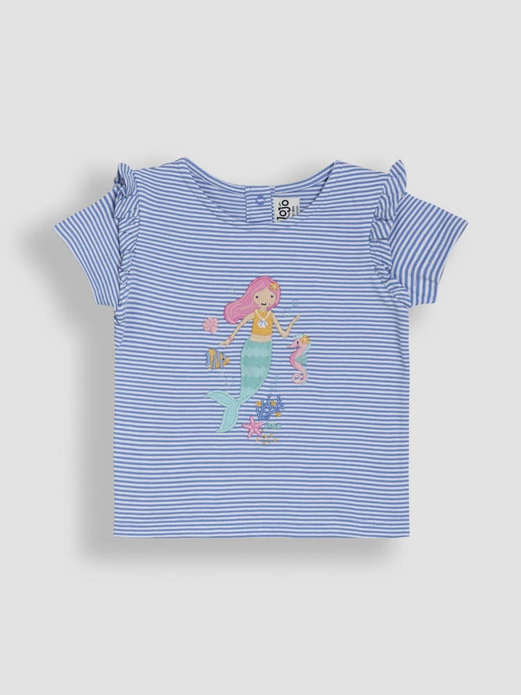 JoJo Maman Bébé Blue Mermaid Appliqué Frill Shoulder T-Shirt - Image 1 of 3