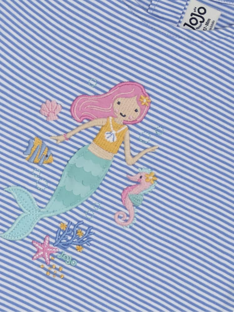 JoJo Maman Bébé Blue Mermaid Appliqué Frill Shoulder T-Shirt - Image 3 of 3
