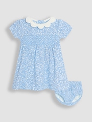 JoJo Maman Bébé Blue Ditsy Floral Smocked Jersey Dress - Image 1 of 5