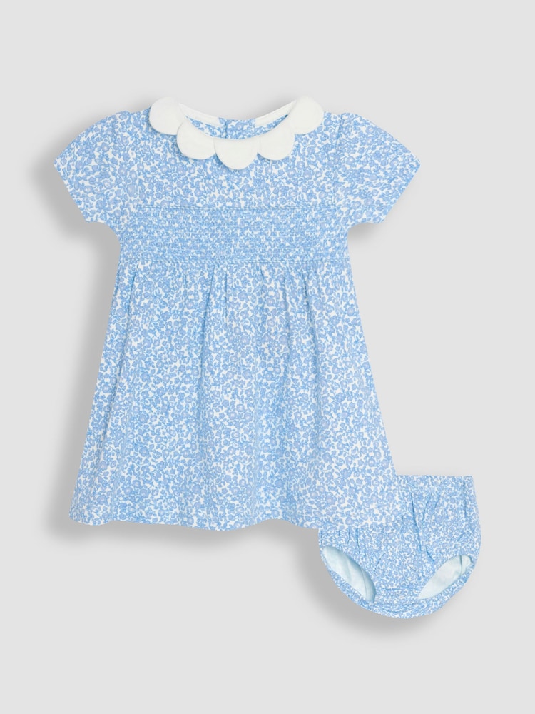 JoJo Maman Bébé Blue Ditsy Floral Smocked Jersey Dress - Image 1 of 5