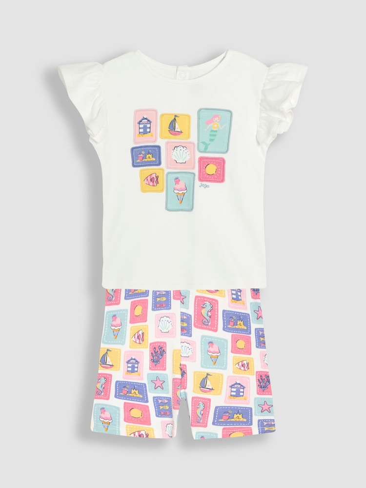 JoJo Maman Bébé White Seaside Appliqué T-Shirt & Shorts Set 2 Piece - Image 1 of 6