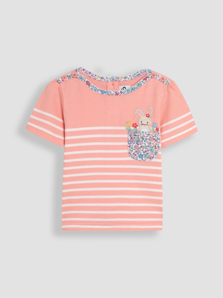 JoJo Maman Bébé Pink Bunny Appliqué Pocket Breton T-Shirt - Image 1 of 3