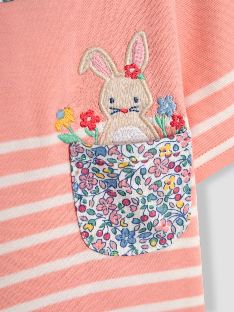 JoJo Maman Bébé Pink Bunny Appliqué Pocket Breton T-Shirt - Image 3 of 3