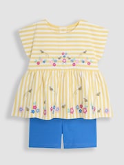 JoJo Maman Bébé Yellow Bee & Flower Print Embroidered Gathered Waist T-Shirt & Shorts Set 2 Piece - Image 1 of 5
