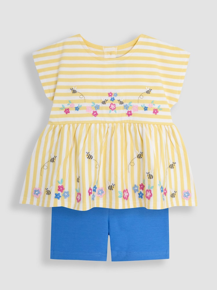 JoJo Maman Bébé Yellow Bee & Flower Print Embroidered Gathered Waist T-Shirt & Shorts Set 2 Piece - Image 1 of 5