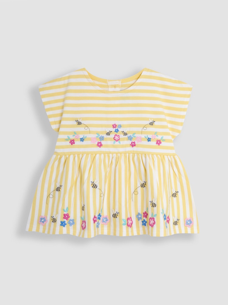 JoJo Maman Bébé Yellow Bee & Flower Print Embroidered Gathered Waist T-Shirt & Shorts Set 2 Piece - Image 2 of 5