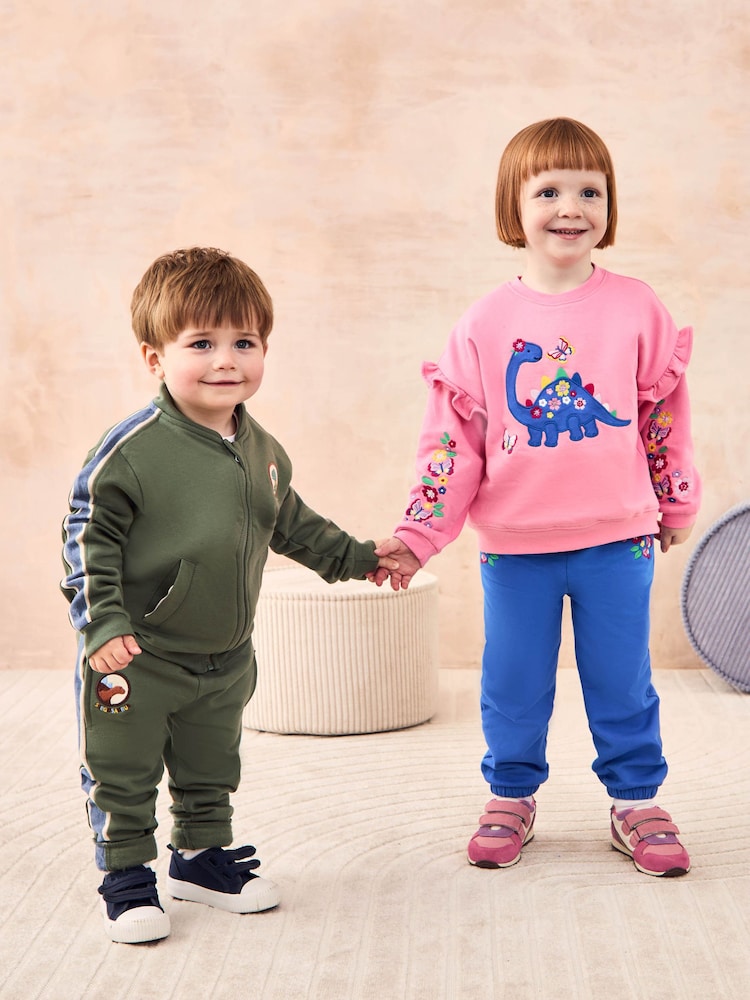 JoJo Maman Bébé Fuchsia Pink Dinosaur 2-Piece Frill Appliqué Sweatshirt & Joggers Set - Image 1 of 8