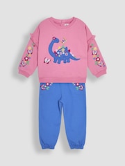 JoJo Maman Bébé Fuchsia Pink Dinosaur 2-Piece Frill Appliqué Sweatshirt & Joggers Set - Image 2 of 8