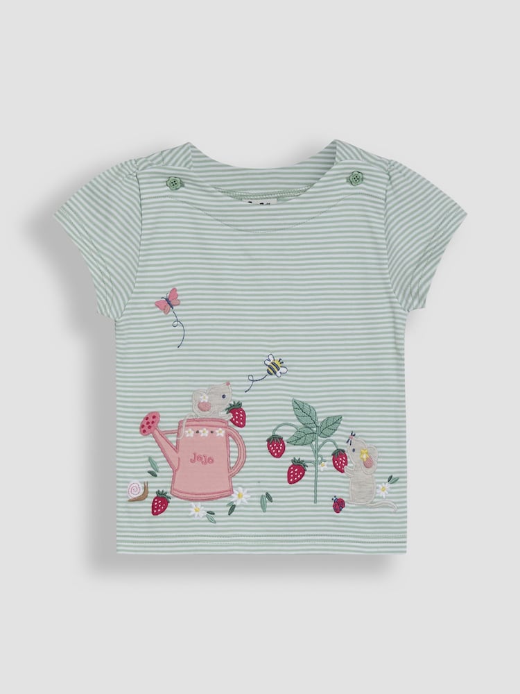JoJo Maman Bébé Green Mouse Print Appliqué 100% Cotton T-Shirt - Image 1 of 3