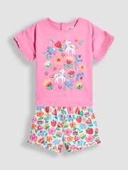 JoJo Maman Bébé Fucshia Pink Floral Appliqué Frill T-Shirt & Shorts Set 2 Piece - Image 1 of 6