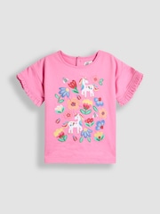 JoJo Maman Bébé Fucshia Pink Floral Appliqué Frill T-Shirt & Shorts Set 2 Piece - Image 2 of 6