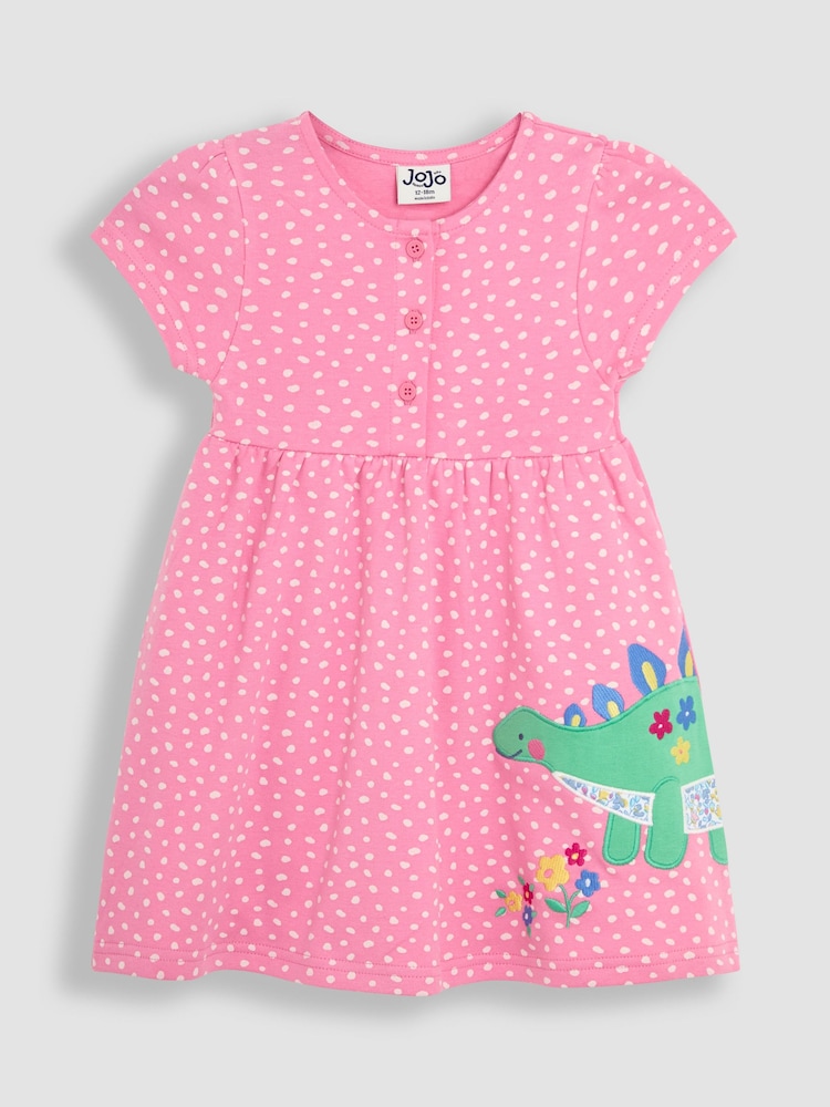 JoJo Maman Bébé Fuchsia Pink Dinosaur Appliqué Button Front Dress - Image 1 of 3 JoJo Maman Bébé Fuchsia Pink Dinosaur Appliqué Button Front Dress - Image 1 of 3