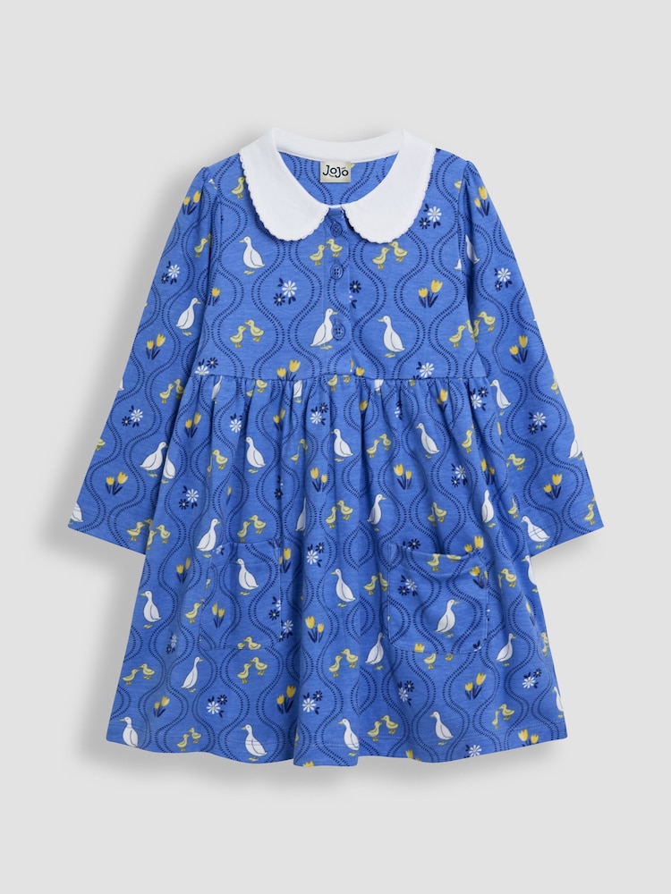 Floral de pato azul - Vestido JoJo Maman Bébé 100% algodão Peter Pan com gola Peter Pan na frente e manga comprida - Imagem 1 de 4