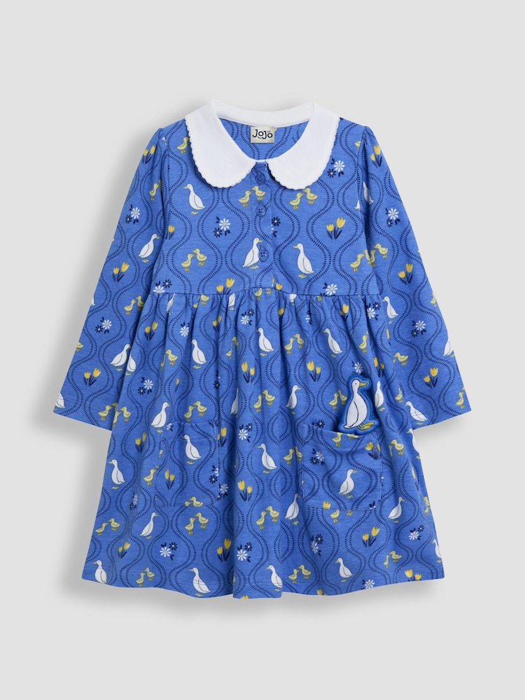 Floral de pato azul - Vestido JoJo Maman Bébé 100% algodão Peter Pan com gola Peter Pan na frente e manga comprida - Imagem 2 de 4