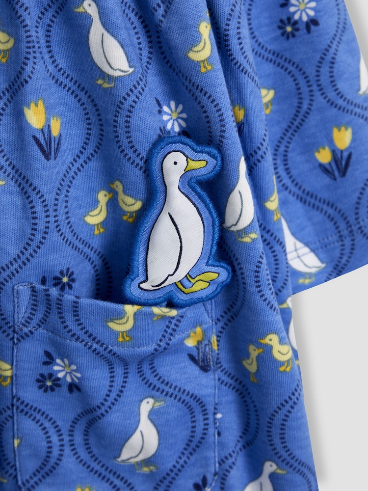 Floral de pato azul - Vestido JoJo Maman Bébé 100% algodão Peter Pan com gola Peter Pan na frente e manga comprida - Imagem 4 de 4