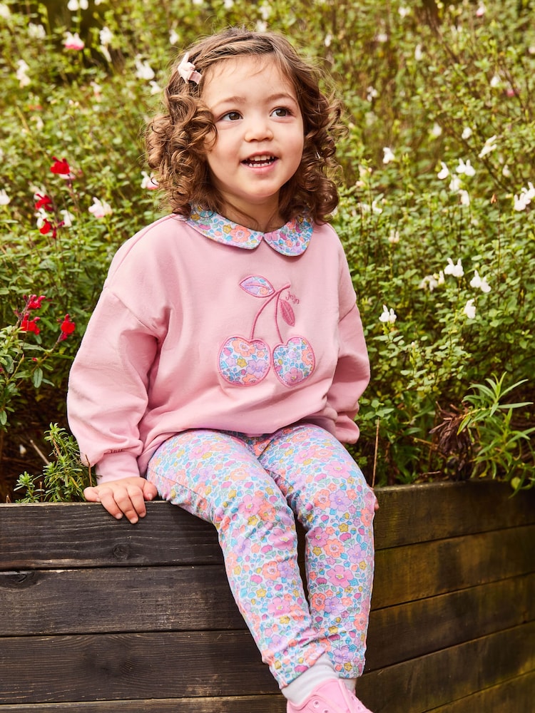 JoJo Maman Bébé Pink Cherry 2-Piece Appliqué Sweatshirt & Leggings Set - Image 1 of 6