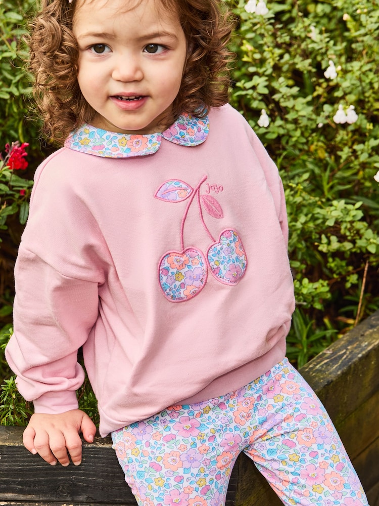 JoJo Maman Bébé Pink Cherry 2-Piece Appliqué Sweatshirt & Leggings Set - Image 2 of 6