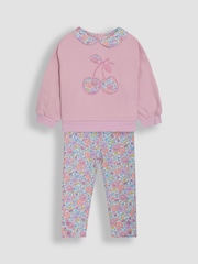 JoJo Maman Bébé Pink Cherry 2-Piece Appliqué Sweatshirt & Leggings Set - Image 3 of 6