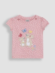JoJo Maman Bébé Pink Bunny Print Appliqué 100% Cotton T-Shirt - Image 1 of 3