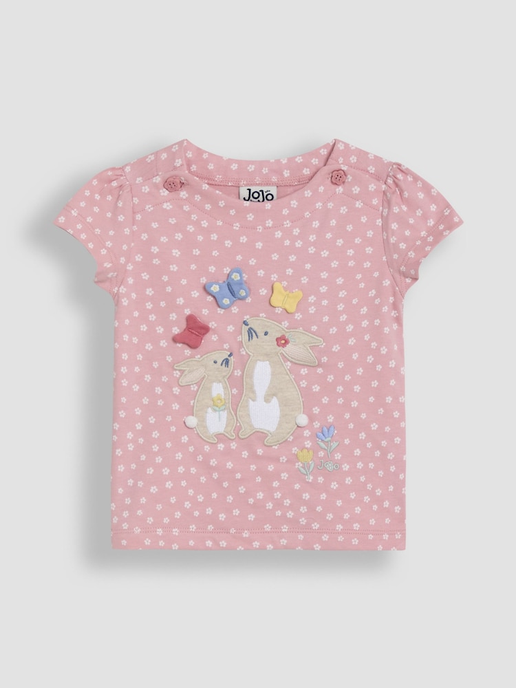 JoJo Maman Bébé Pink Bunny Print Appliqué 100% Cotton T-Shirt - Image 1 of 3