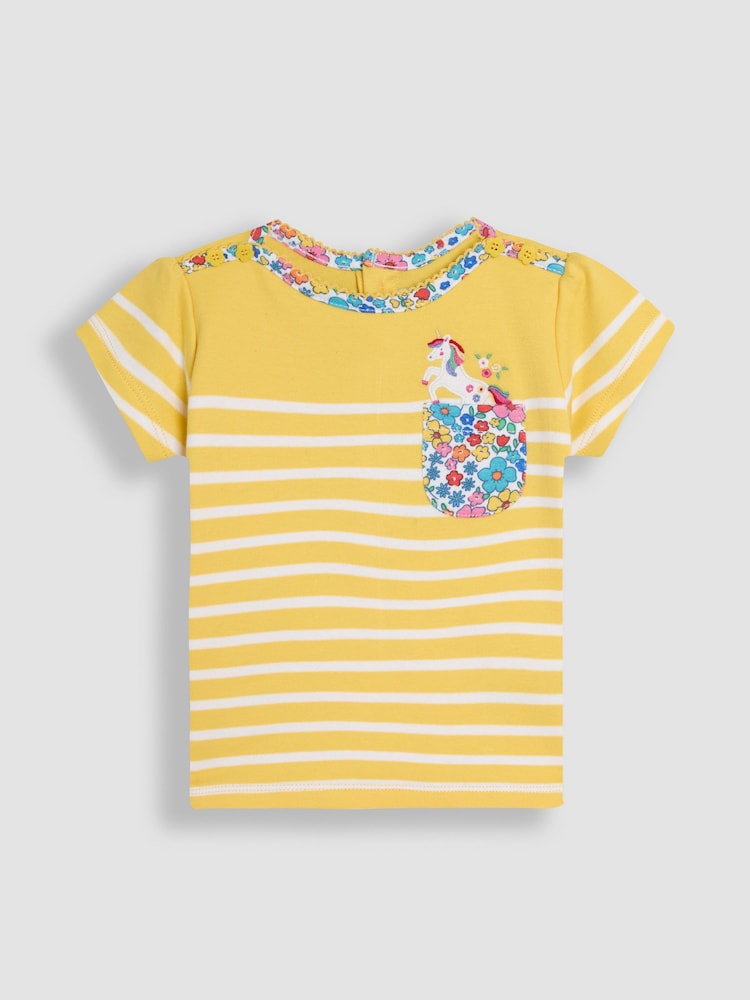 JoJo Maman Bébé Yellow Unicorn Appliqué Pocket Breton T-Shirt - Image 1 of 3