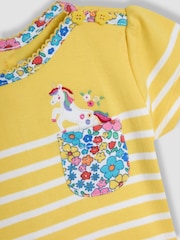 JoJo Maman Bébé Yellow Unicorn Appliqué Pocket Breton T-Shirt - Image 3 of 3