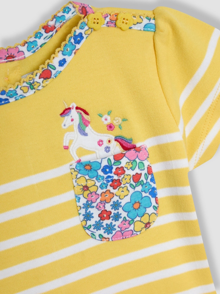 JoJo Maman Bébé Yellow Unicorn Appliqué Pocket Breton T-Shirt - Image 3 of 3 JoJo Maman Bébé Yellow Unicorn Appliqué Pocket Breton T-Shirt - Image 3 of 3