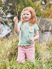 JoJo Maman Bébé Green Fairy & Daisy 100% Cotton Scallop Hem Appliqué Pocket T-Shirt - Image 1 of 4