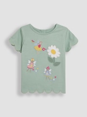 JoJo Maman Bébé Green Fairy & Daisy 100% Cotton Scallop Hem Appliqué Pocket T-Shirt - Image 2 of 4