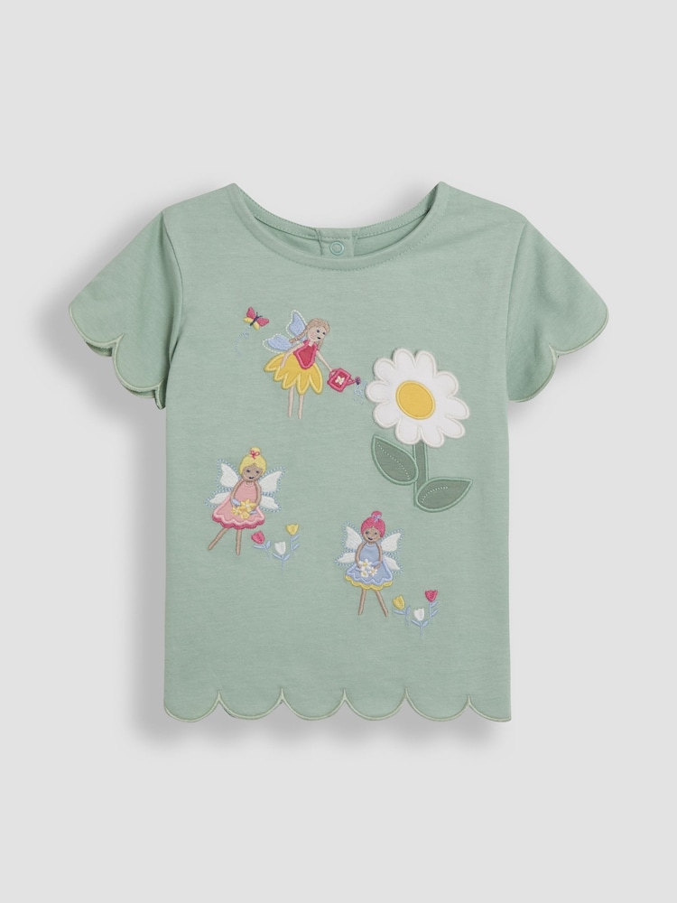 JoJo Maman Bébé Green Fairy & Daisy 100% Cotton Scallop Hem Appliqué Pocket T-Shirt - Image 2 of 4