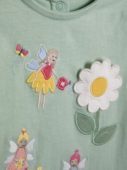 JoJo Maman Bébé Green Fairy & Daisy 100% Cotton Scallop Hem Appliqué Pocket T-Shirt - Image 4 of 4