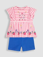 JoJo Maman Bébé Raspberry Pink 2-Piece Floral Appliqué Ruffle Front T-Shirt & Shorts Set - Image 1 of 5
