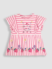 JoJo Maman Bébé Raspberry Pink 2-Piece Floral Appliqué Ruffle Front T-Shirt & Shorts Set - Image 2 of 5
