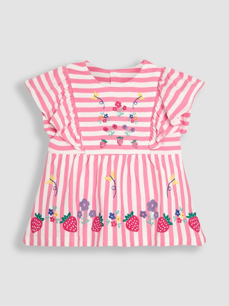 JoJo Maman Bébé Raspberry Pink 2-Piece Floral Appliqué Ruffle Front T-Shirt & Shorts Set - Image 2 of 5