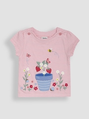JoJo Maman Bébé Pink Strawberry Print Appliqué 100% Cotton T-Shirt - Image 1 of 3