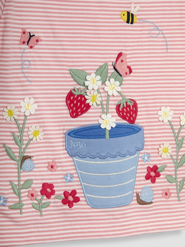 JoJo Maman Bébé Pink Strawberry Print Appliqué 100% Cotton T-Shirt - Image 3 of 3