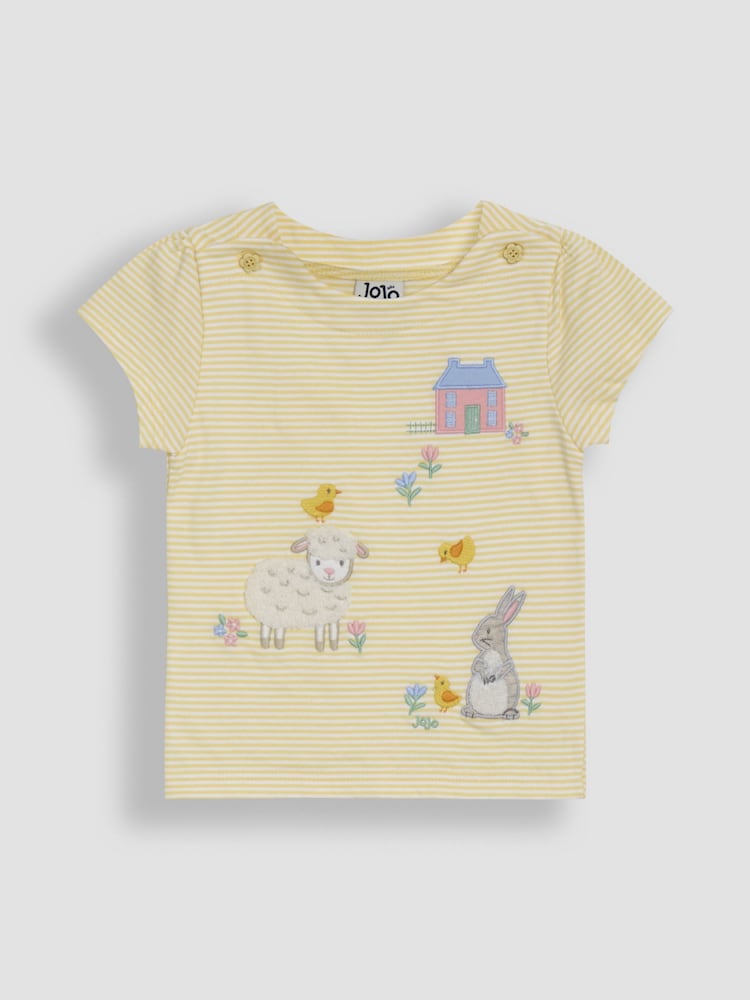 JoJo Maman Bébé Yellow Bunny & Lamb Print Appliqué 100% Cotton T-Shirt - Image 1 of 1