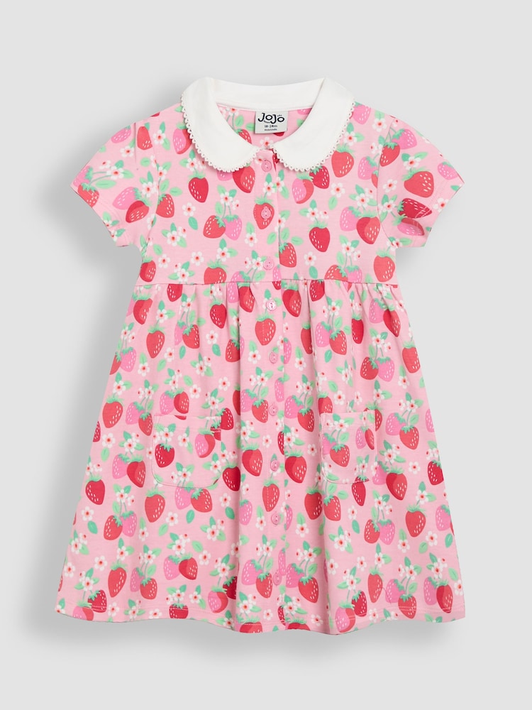 Floral de morango rosa - Vestido JoJo Maman Bébé Peter Pan com gola e botões frontais 100% algodão - Imagem 1 de 4